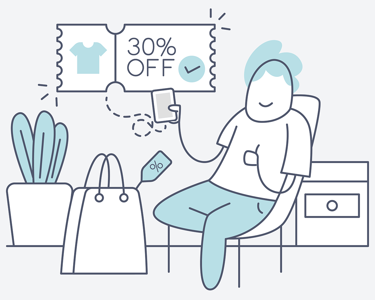 Illustration Print: Person mit 30 % Rabatt-Gutschein und Einkaufstaschen