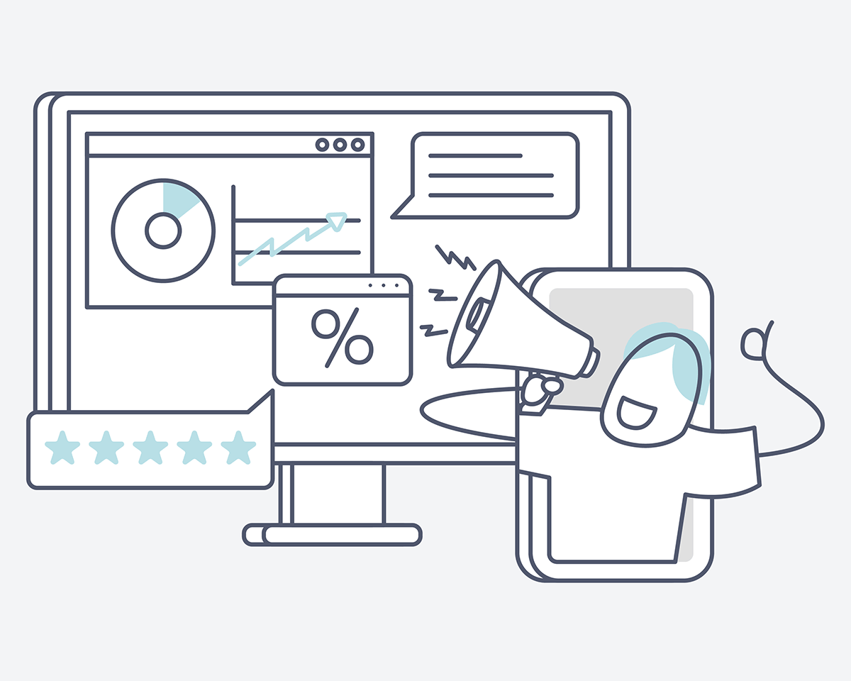 Illustration Digital: Monitor mit Statistiken, Bewertungen und Megafon