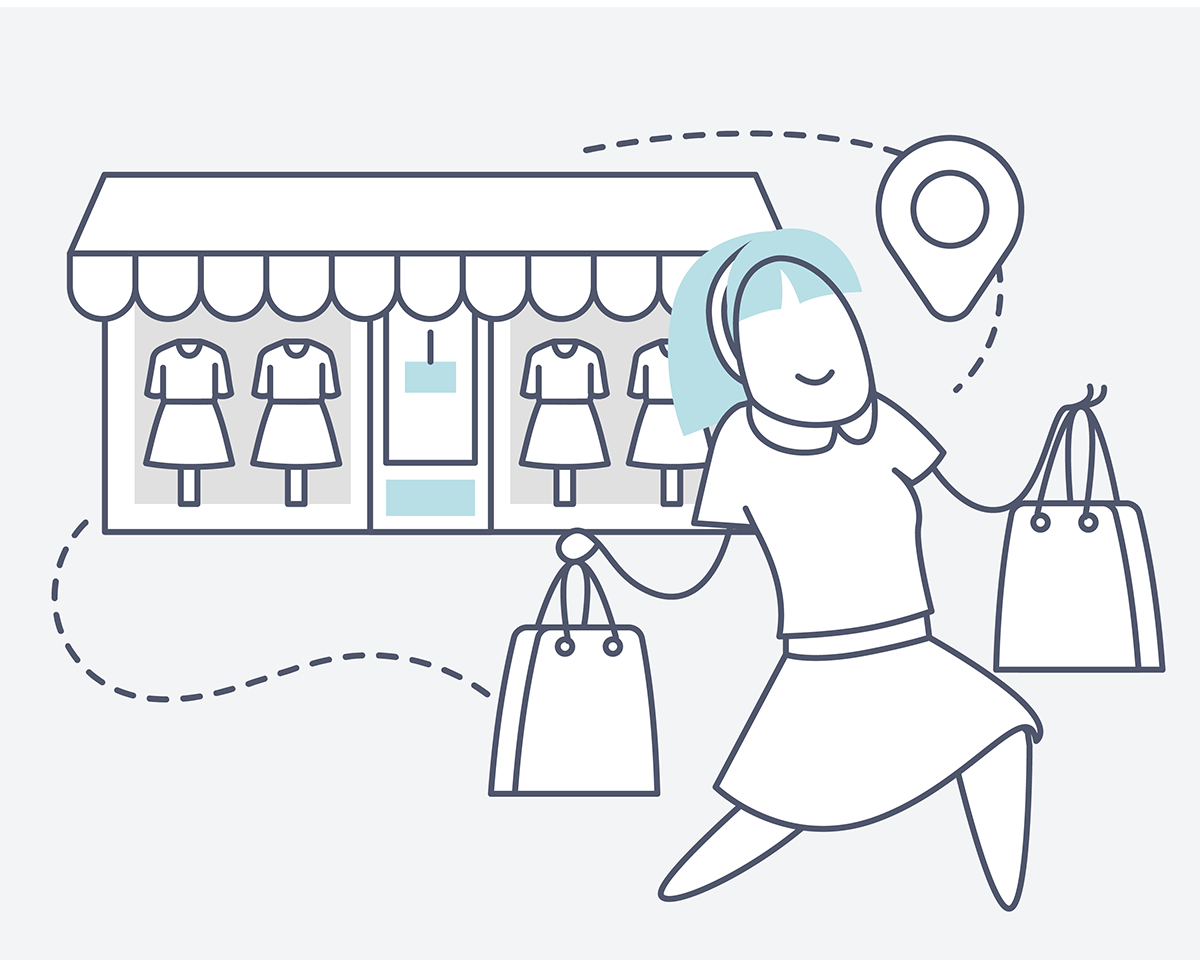 Illustration Point of Sale: Kundin mit Einkaufstaschen vor einem Ladengeschäft