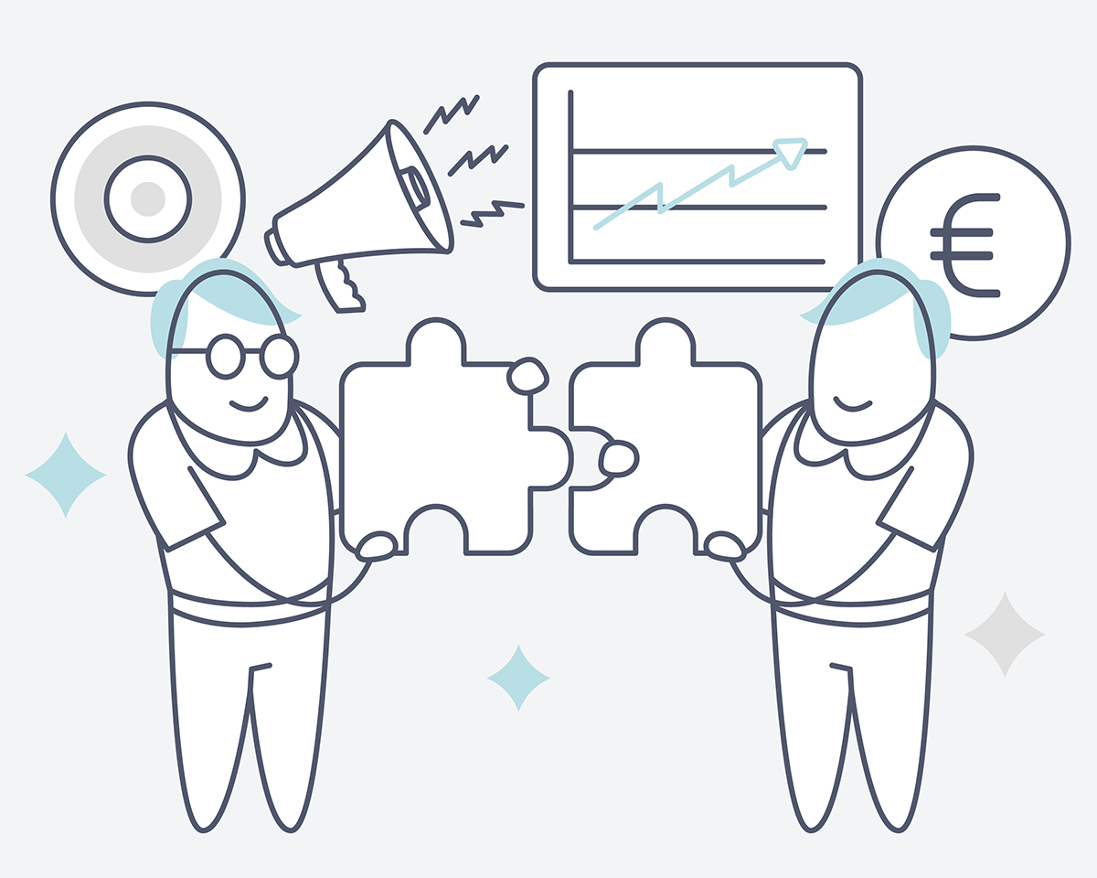 Illustration Kooperation: zwei Partner fügen Puzzleteile zusammen
