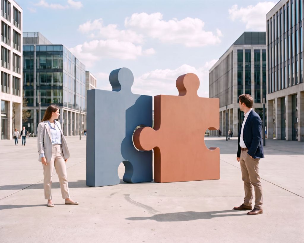 Zwei Geschäftspartner vor zwei großen, ineinandergreifenden Puzzleteilen